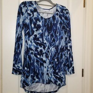 Susan Graver Casual Blue Print Liquid Knit Scoop Neck High Low Hem tunic Size XS